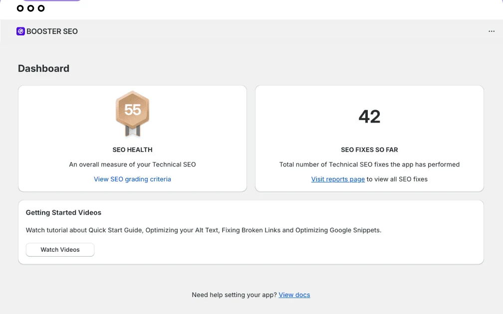 Booster SEO dashboard after the audit: Polaris cards with an explained SEO health score, fixes so far and a getting-started card