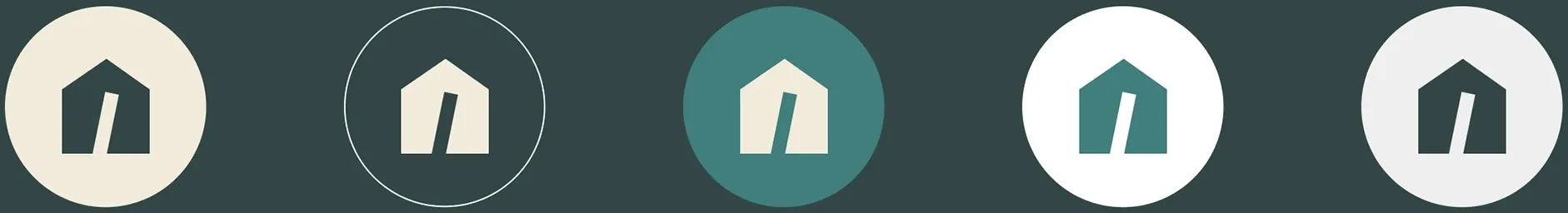 The house mark on five round grounds: cream with a slate mark, a slate outline with a cream mark, teal with a cream mark, white with a teal mark, and light grey with a slate mark