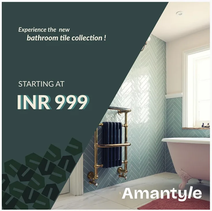 Social post: Experience the new bathroom tile collection, starting at INR 999, beside a bathroom with a towel rail.