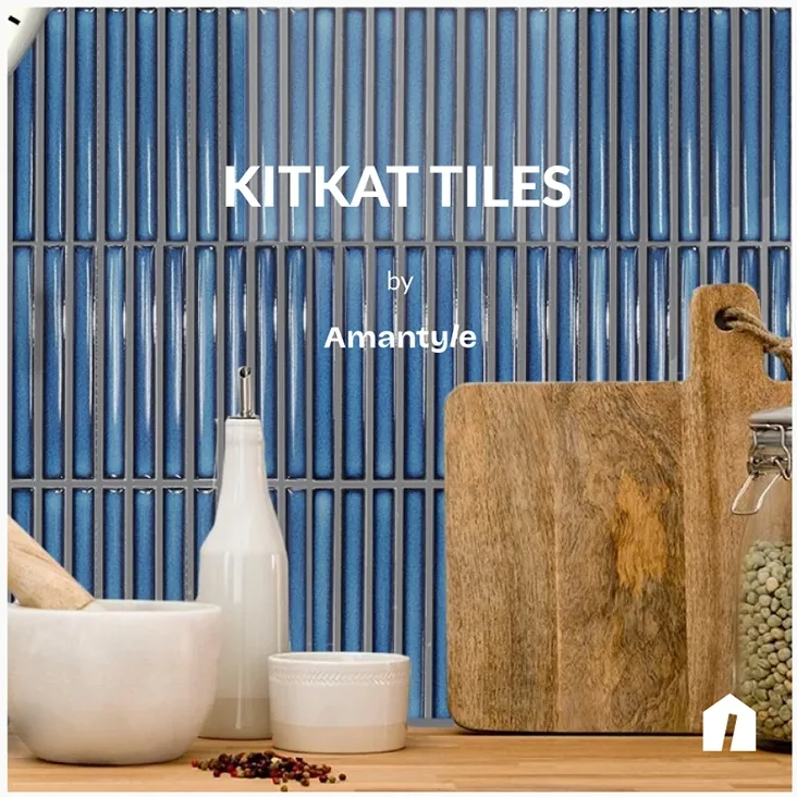 Social post: KITKAT Tiles by Amantyle, blue ribbed tiles behind a chopping board and bowls.