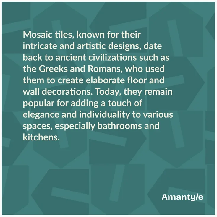 Social post: a short text about mosaic tiles on a teal tile-pattern background.