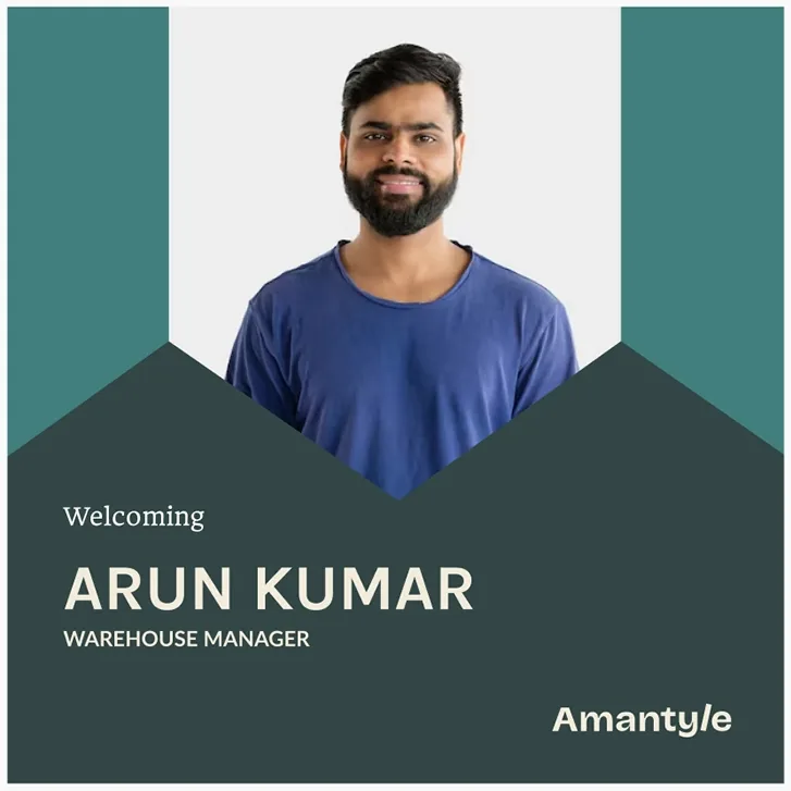 Social post: a welcome to a new warehouse manager, with a portrait on slate and teal.