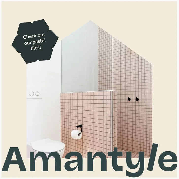 Social post: pastel pink tiles inside a house shape, a Check out our pastel tiles badge and the large Amantyle wordmark.