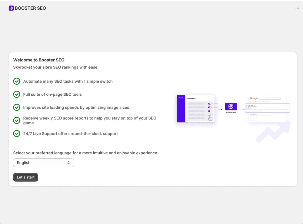 The redesign: Welcome to Booster SEO Setup, with a checklist and a language picker