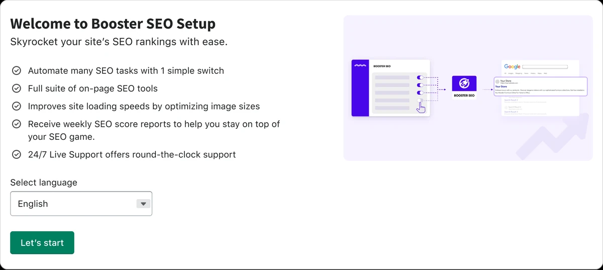Welcome to Booster SEO Setup: what the app does, a language picker and Let's start