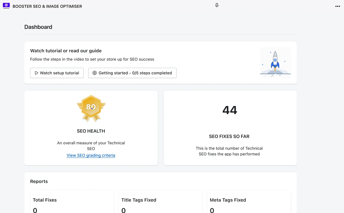 The redesigned Booster SEO dashboard: SEO health 80 and 44 SEO fixes so far