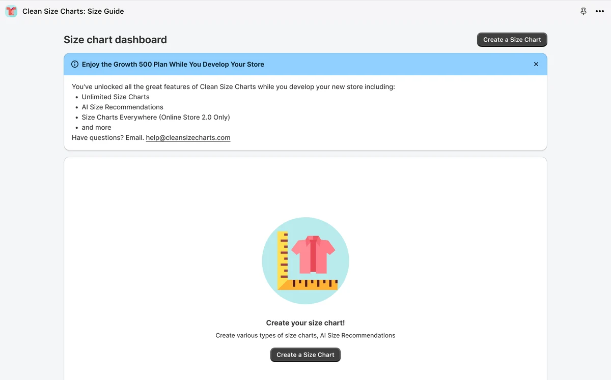 The redesign: the Growth plan banner as a Polaris callout, above an empty state that starts your first size chart