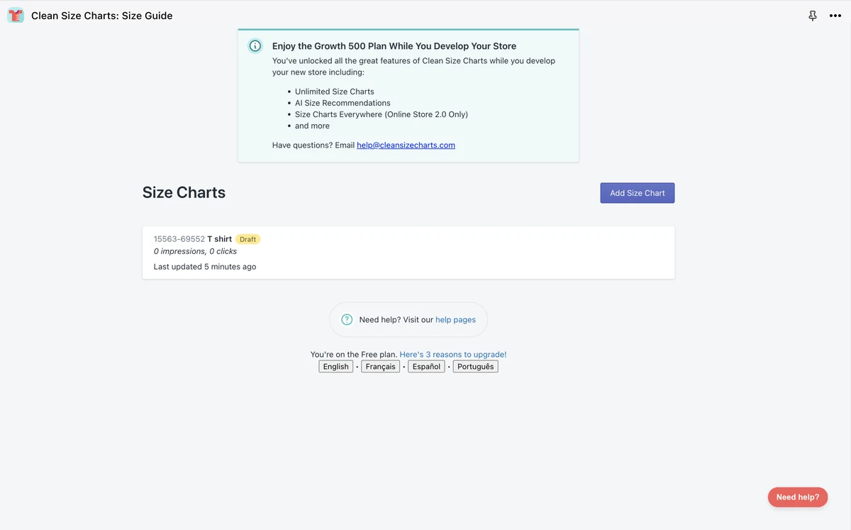 The old dashboard: a Growth plan banner above a plain list of size charts