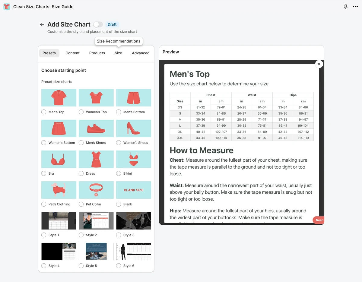 The redesigned Add Size Chart: the twelve preset size charts as choice tiles, with a live Men's Top preview