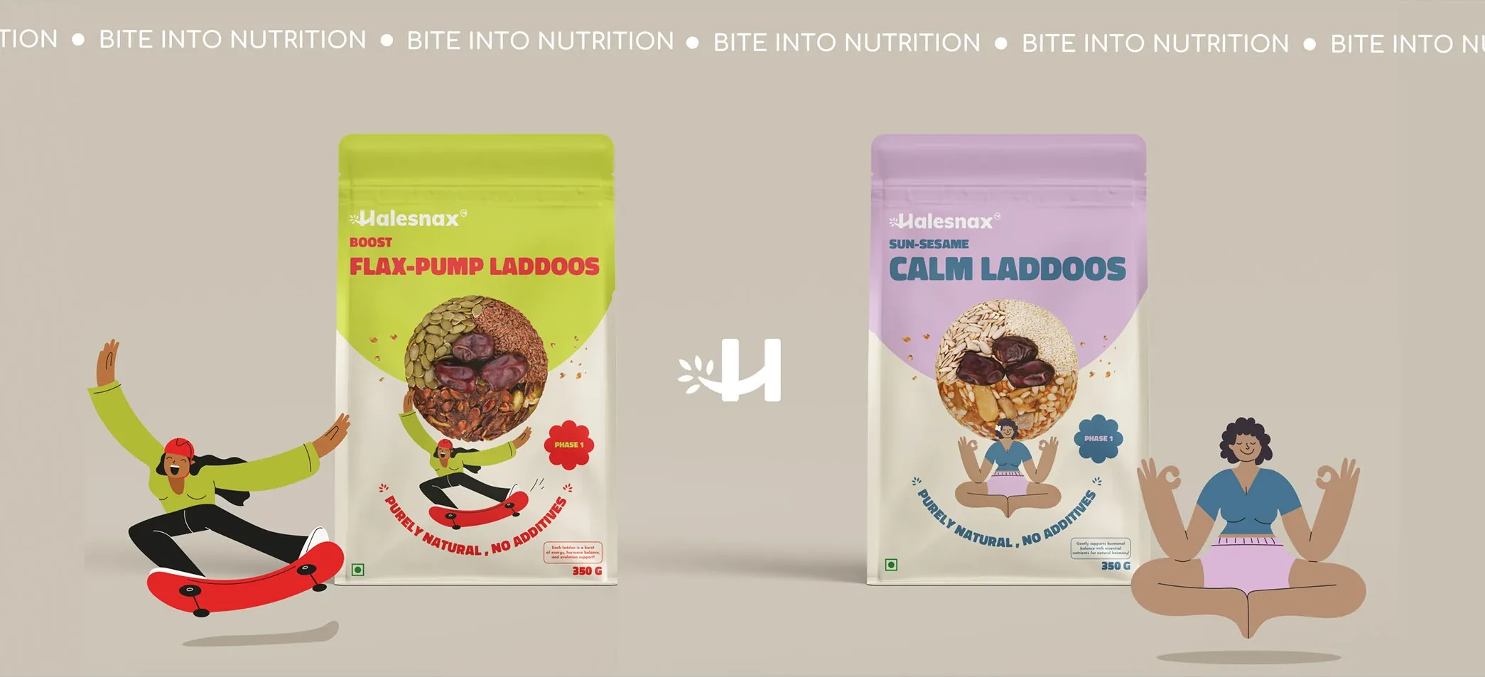 The lime Flax-Pump laddoos pouch beside the lilac Sun-Sesame Calm laddoos pouch, with an illustrated skateboarder and a meditating figure at either side, under the Bite into nutrition line