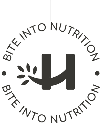 The tagline lockup: Bite into nutrition, set in a ring around the H mark
