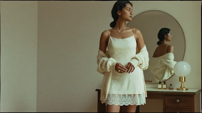 The first-time fitter, at a vanity mirror in a cream slip and a knitted cardigan, morning light