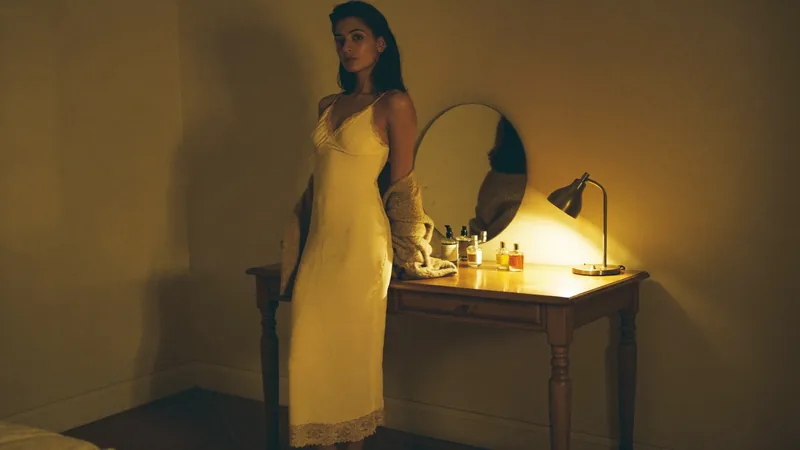 The first-time fitter, the same woman at the vanity in a yellow slip, one lamp lit