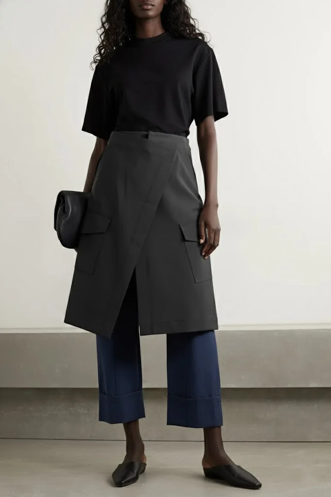 A model in a black tee, a dark grey wrap skirt with cargo pockets, cuffed navy trousers and black mules, holding a leather pouch