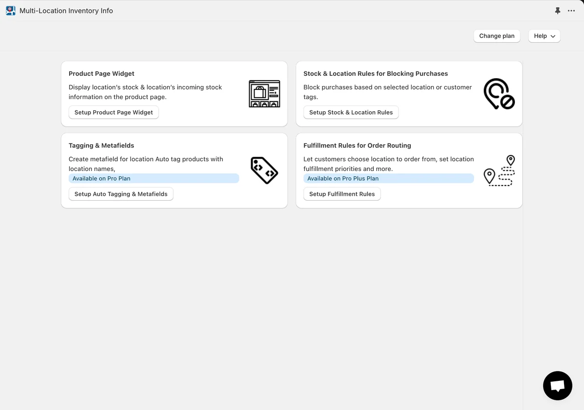 The old dashboard: four feature cards, each with a setup button