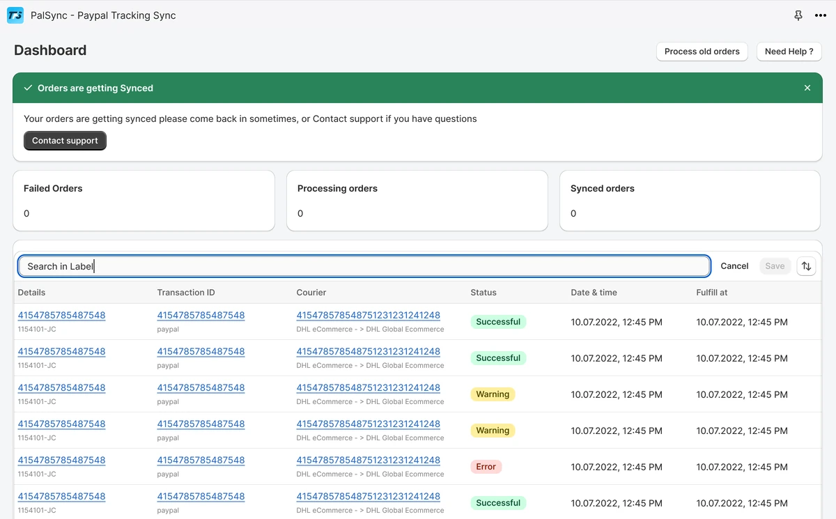 The redesigned PalSync dashboard: Orders are getting Synced, the failed, processing and synced order counts, and the orders table