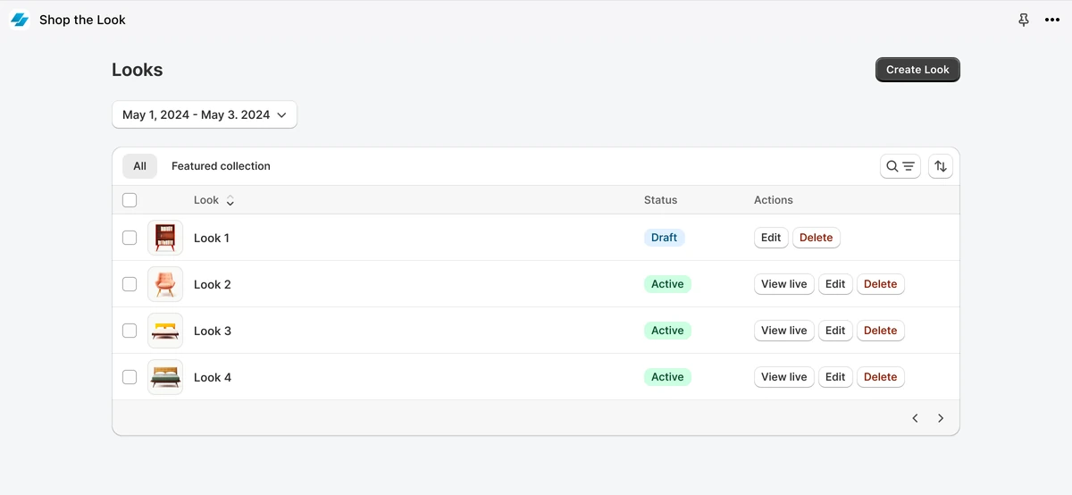 The redesigned Shop the Look Looks page: a list of looks with their status and actions, and a Create Look button