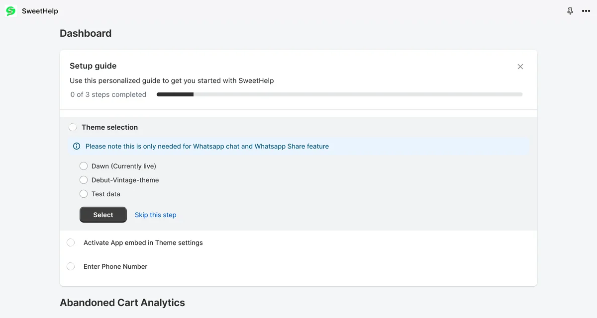 The redesign: a dashboard with a setup guide above the first analytics