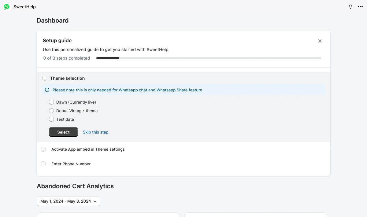 The redesigned Sweet Help dashboard: a setup guide above the first abandoned cart metrics