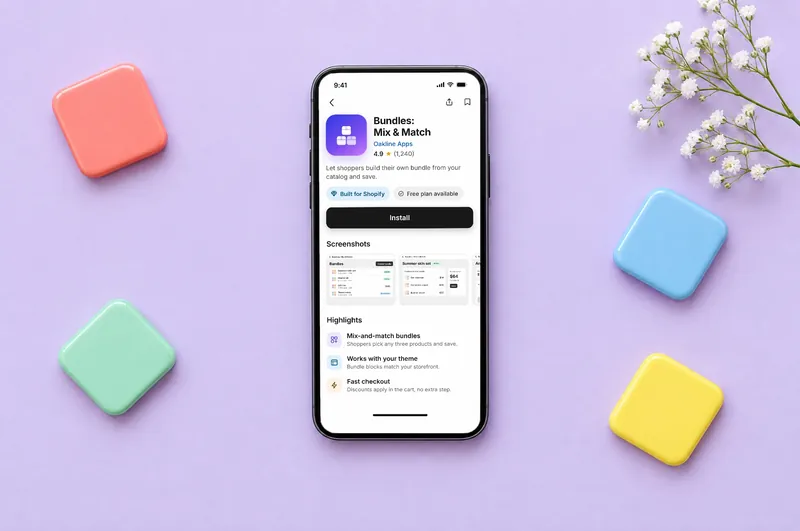 An app listing page on a phone, with candy-coloured tiles around it